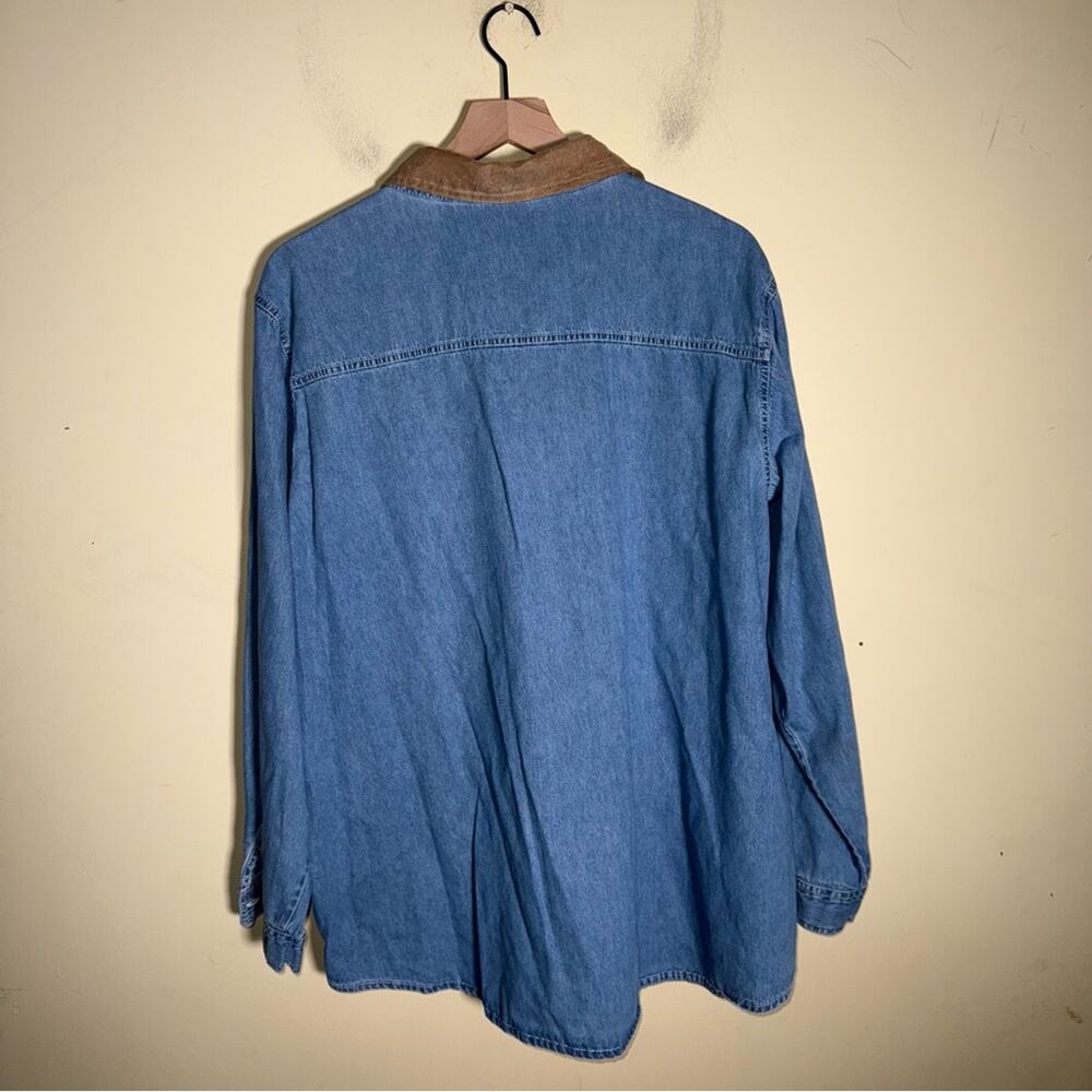 VINTAGe Embroidered Denim Shirt with Fall Thanksgiving design w suede collar XL - Picture 4 of 6